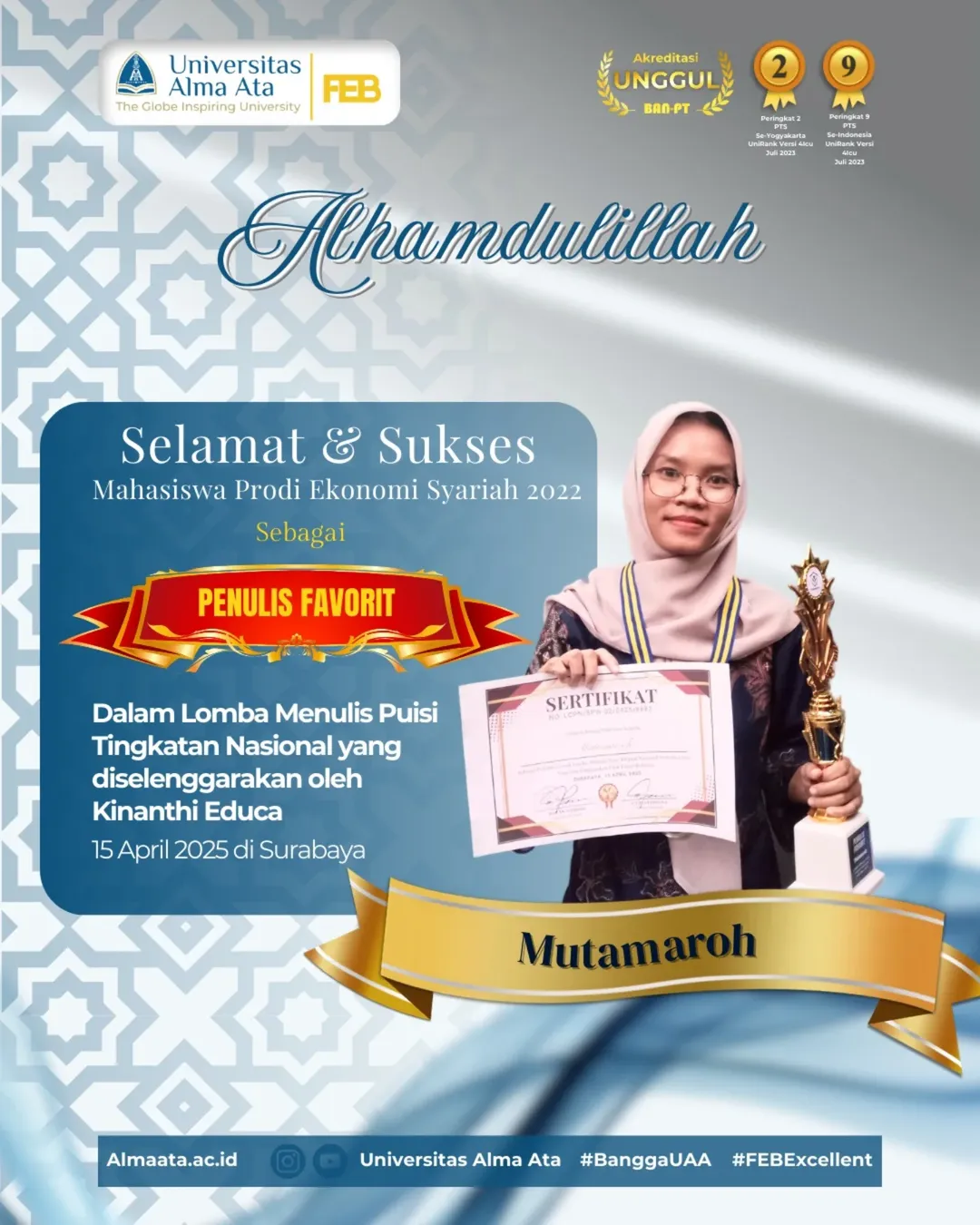 Mahasiswa Ekonomi Syariah UAA Raih Predikat Penulis Favorit di Lomba Puisi Nasional 2025